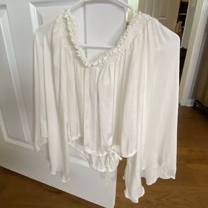 Silky, off shoulder, gathered waist, drawstring. Slightly cropped.